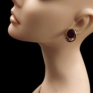 Gold-Tone Round Clip Earrings with Burgundy Center